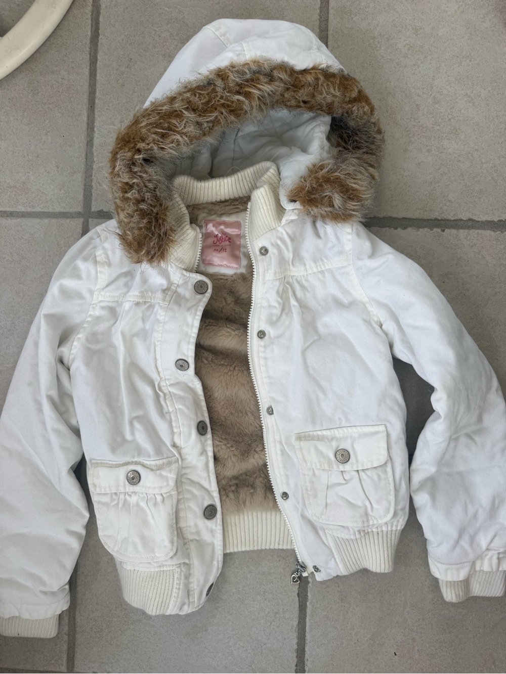 Justice White Hooded Puffer Jacket with Faux-Fur Trim